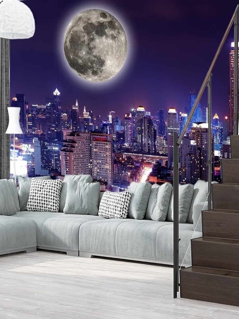 City Night View the Moon Nursery Room Fabric Wallpaper